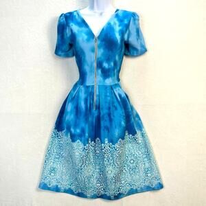 LuLaRoe Amelia Blue Tie Die Stretch Pleated Fit & Flare Dress w/ Pockets, Small